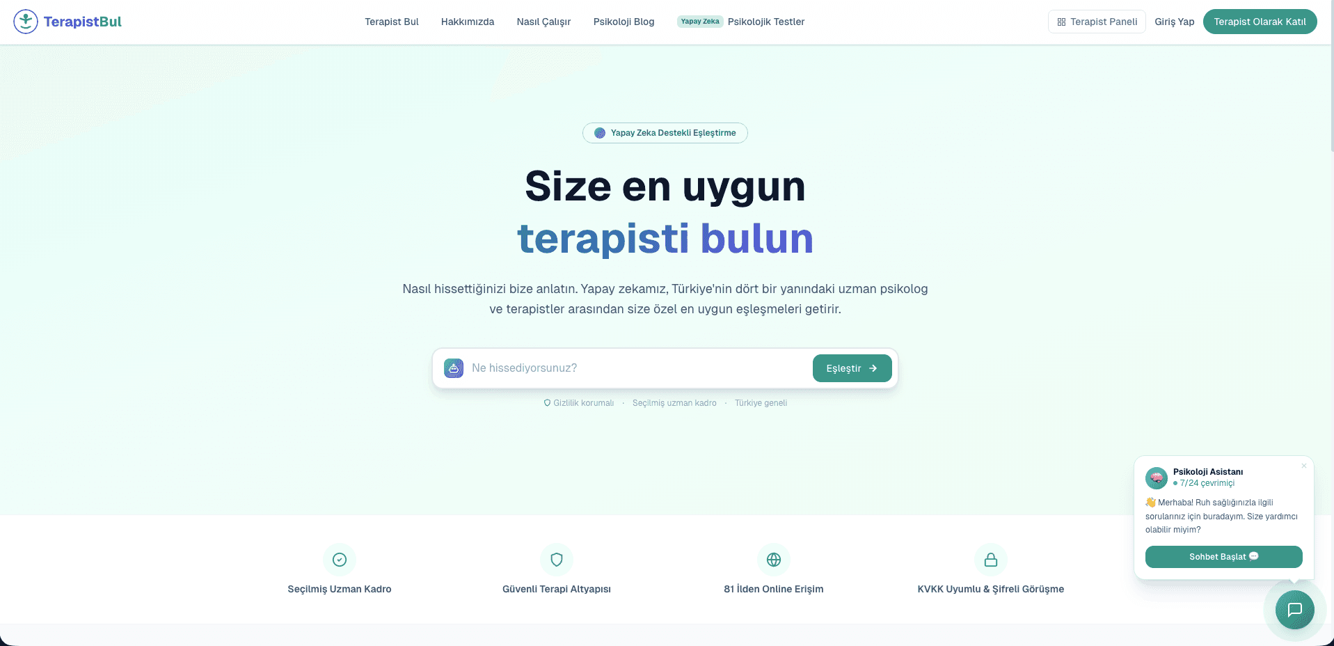 TerapistBul web sitesi ekran görüntüsü